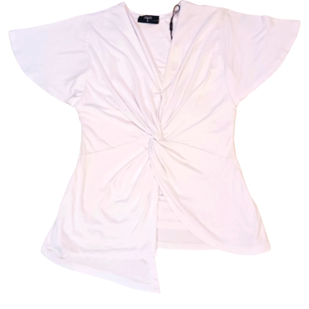 Tahari Cropped Top Twist Knot Front Flutter Sleeves Off-white XS. NWT